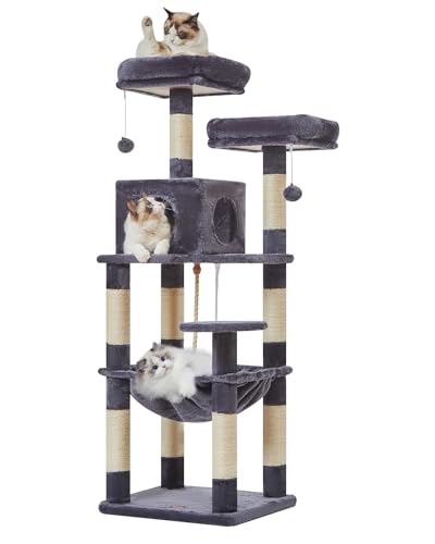 Taoqimiao Kratzbaum für Katzen, Plüsch-Katzenbaum mit mehreren Ebenen, mit 9 Kratzstämmen, 2 Sitzstangen, Höhle, Hängematte, 2 Pompons, für Indoor-Katzen MS023SG, Rauchgrau von Taoqimiao