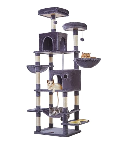 Taoqimiao Kratzbaum Katzenturm für Indoor-Katzen, Plüsch-Katzenhütte mit mehreren Ebenen, 12 Kratzstämmen, 2 Sitzstangen, 2 Höhlen, Hängematte, 2 Pompons MS016G Rauchgrau von Taoqimiao