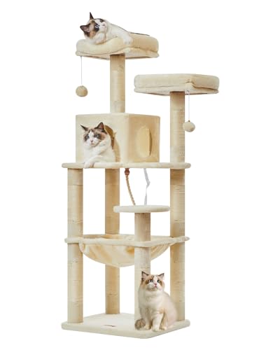 Taoqimiao 55 Zoll Katzenbaum für Katzen, Plüsch Mehrstöckige Katzenhütte mit 9 Kratzstämmen, 2 Sitzstangen, Höhle, Hängematte, 2 Pompons, für Indoor-Katzen MS023SM Beige von Taoqimiao