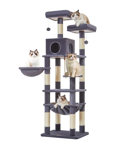 Taoqimiao 63,8 Zoll Katzenbaum für Katzen, Plüsch Mehrstöckige Katzenhütte mit 9 Kratzstämmen, 2 Sitzstangen, Höhle, Hängematte, 2 Pompons, für Indoor-Katzen MS023G Rauchgrau von Taoqimiao