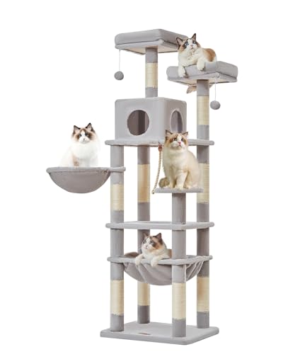 Taoqimiao 63.8 Inch Large Cat Tree for Large Cats, Plush Multi-Level Cat Condo with 9 Scratching Posts, 2 Perches, Cave, Hammock, 2 Pompoms, for Indoor Cats MS023W Light Gray von Taoqimiao