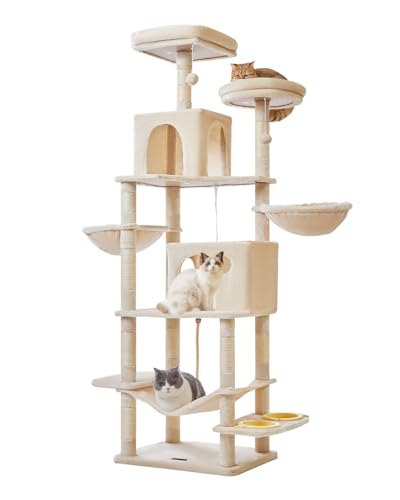 Taoqimiao 76 Zoll Katzenbaum Katzenturm für Indoor-Katzen, Plüsch Mehrstöckige Katzenhütte mit 12 Kratzstämmen, 2 Sitzstangen, 2 Höhlen, Hängematte, 2 Pompoms MS016M Beige von Taoqimiao