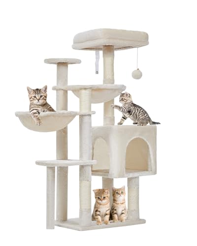 Taoqimiao Gothic Katzenbaum, Katzenturm für Indoor-Katzen, geeignet für Kätzchen, Plüsch-Katzenhaus mit 5 Kratzstämmen, Plüsch-Sitzstange, 2 Hängematte, Pompons, MS019M Beige von Taoqimiao