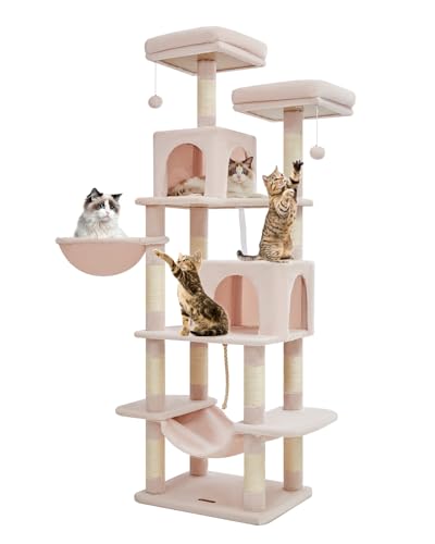 Taoqimiao Katzenbaum Katzenturm für Indoor Katzen, Plüsch Mehrstufige Katzenhütte mit 12 Kratzstämmen, 2 Sitzstangen, 2 Höhlen, Hängematte, 2 Pompons Jelly Pink von Taoqimiao