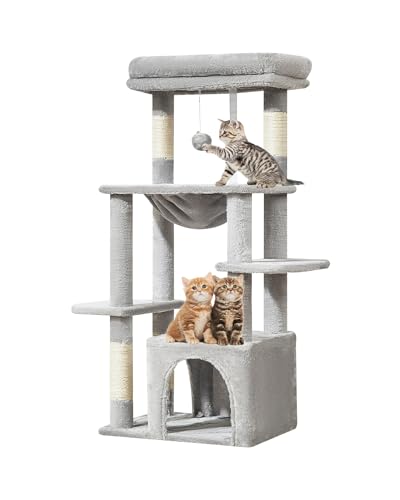 Taoqimiao Kratzbaum, 100 cm, Katzenturm für Indoor-Katzen, geeignet für Kätzchen mit luxuriöser Katzenhütte mit weicher Hängematte und luxuriöser Sitzstange, MS027W, Hellgrau von Taoqimiao