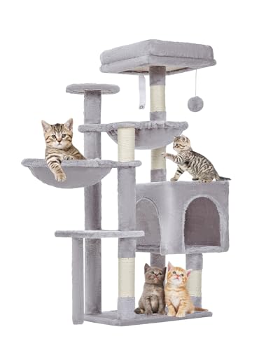 Taoqimiao MS019W Kratzbaum, Katzenturm für Indoor-Katzen, geeignet für Kätzchen, Plüsch-Katzenhaus mit 5 Kratzstämmen, Plüsch-Sitzstange, 2 Hängematte, Pompons, 100 cm, Hellgrau von Taoqimiao