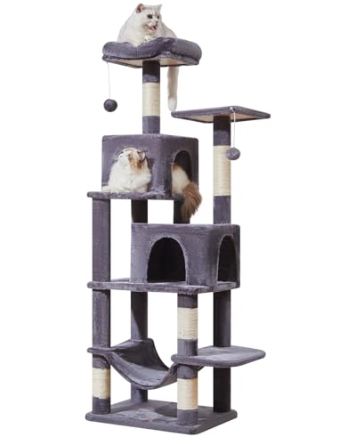 Taoqimiao Kratzbaum, 154 cm, Katzenturm für Indoor-Katzen, Plüsch-Katzenhütte mit 5 Kratzstämmen, 2 Sitzstangen, 2 Höhlen, Hängematte, 2 Pompons, Rauchgrau MS013SG von Taoqimiao