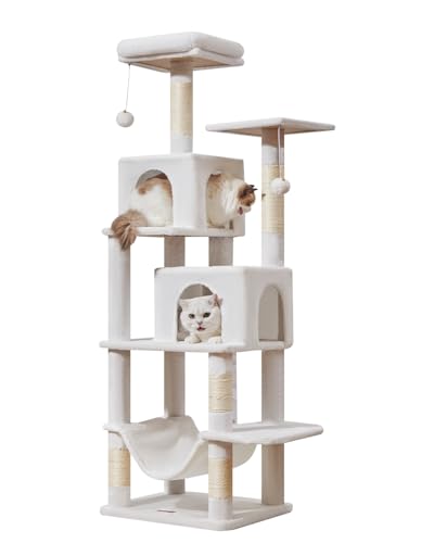 Taoqimiao Kratzbaum, 154 cm Katzenturm für Indoor-Katzen, Plüsch-Katzenhütte mit 5 Kratzstämmen, 2 Sitzstangen, 2 Höhlen, Hängematte, 2 Pompons, Cremeweiß MS013SC von Taoqimiao