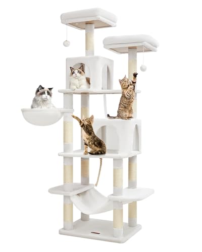 Taoqimiao Kratzbaum, 180 cm, Katzenturm für Indoor-Katzen, Plüsch-Katzenhaus mit mehreren Ebenen, mit 13 Kratzstämmen, 2 Sitzstangen, 2 Höhlen, Hängematte, 2 Pompons, MS013LC Cremeweiß von Taoqimiao