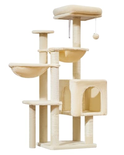 Taoqimiao Kratzbaum, 48 Zoll Katzenturm für Kätzchen, Katzenbaum Turm mit 5 Kratzstämmen, Plüsch Katzenhaus mit Plüsch Sitzstange, 2 Hängematte, Pompons, Beige MS019L-M von Taoqimiao