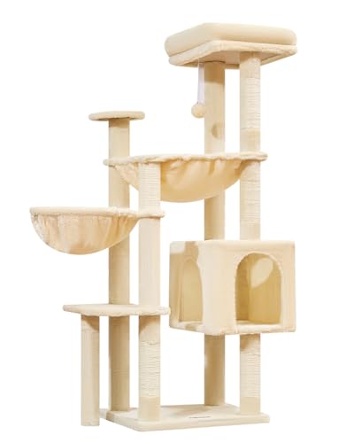 Taoqimiao Kratzbaum, 51 Zoll Katzenturm für Kätzchen, Katzenbaum Turm mit 5 Kratzstämmen, Plüsch Katzenhaus mit Plüsch Sitzstange, 2 Hängematte, Pompons, Beige MS019XL-M von Taoqimiao