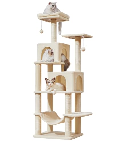 Taoqimiao Kratzbaum, 61 Zoll Katzenturm für Indoor-Katzen, Plüsch Mehrstufige Katzenhütte mit 5 Kratzstämmen, 2 Sitzstangen, 2 Höhlen, Hängematte, 2 Pompons, Beige MS013SM von Taoqimiao