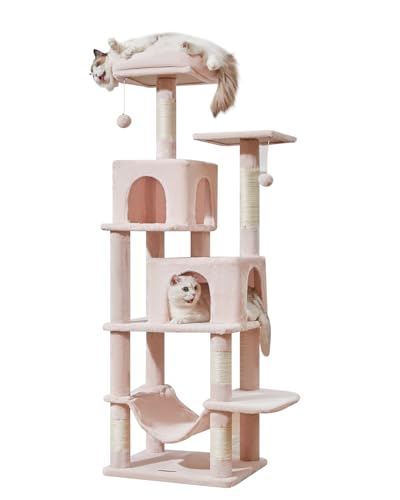 Taoqimiao Kratzbaum, 61 Zoll Katzenturm für Indoor-Katzen, Plüsch Mehrstufige Katzenhütte mit 5 Kratzstämmen, 2 Sitzstangen, 2 Höhlen, Hängematte, 2 Pompons, Jelly Pink MS013SP von Taoqimiao