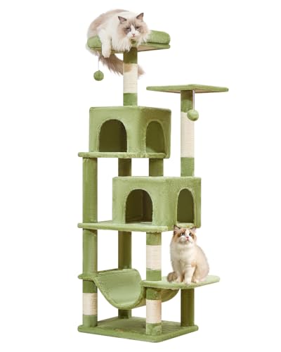 Taoqimiao Kratzbaum, 61 Zoll Katzenturm für Indoor-Katzen, Plüsch Mehrstufige Katzenhütte mit 5 Kratzstämmen, 2 Sitzstangen, 2 Höhlen, Hängematte, 2 Pompons, MS013SGR Grün von Taoqimiao