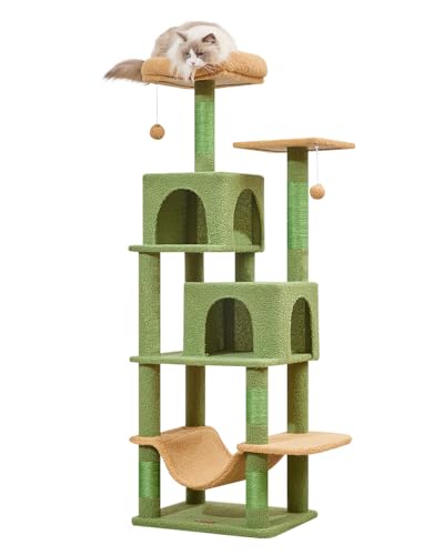 Taoqimiao Kratzbaum, 61 Zoll Katzenturm für Indoor-Katzen, Plüsch Mehrstufige Katzenhütte mit 5 Kratzstämmen, 2 Sitzstangen, 2 Höhlen, Hängematte, 2 Pompons, MS013ST Kaktus von Taoqimiao