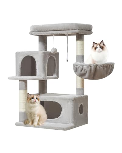 Taoqimiao Kratzbaum, 95 cm, Katzenturm für Indoor-Katzen, 2 luxuriöse Katzenhütten mit verstellbaren großen Hängekörben und großer luxuriöser Sitzstange, Hellgrau MS029W von Taoqimiao