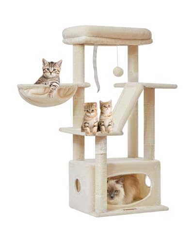 Taoqimiao Kratzbaum, 97 cm, Katzenturm für Indoor-Katzen, geeignet für Kätzchen mit luxuriöser Katzenhütte mit verstellbaren Körben und luxuriöser Sitzstange, Beige MS029SM von Taoqimiao