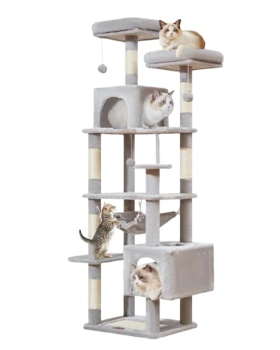 Taoqimiao Kratzbaum, Katzenbaum, Katzenbaum für Indoor-Katzen, Plüsch-Katzenhaus mit 6 Kratzstämmen, 2 Sitzstangen, 2 Höhlen, Hängematte, 3 Pompons, MS020SW Hellgrau von Taoqimiao