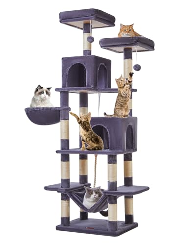 Taoqimiao Kratzbaum, Katzenturm für Indoor-Katzen, Plüsch-Katzenhaus mit mehreren Ebenen, 13 Kratzstämmen, 2 Sitzstangen, 2 Höhlen, Hängematte, 2 Pompons, Rauchgrau MS013LG von Taoqimiao