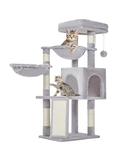 Taoqimiao Kratzbaum MS018W Katzenbaum für Indoor-Katzen, geeignet für Kätzchen, Plüsch-Katzenhaus mit 5 Kratzstämmen, Plüsch-Sitzstange, 2 Hängematte, Pompons, Kratzrampe MS018W, Hellgrau von Taoqimiao