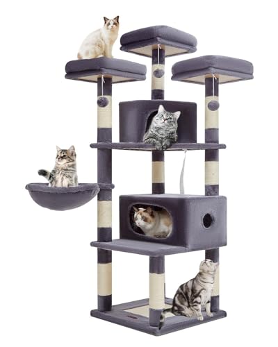 Taoqimiao Kratzbaum MS025G, Katzenturm für Indoor-Katzen, Plüsch-Katzenhaus mit mehreren Ebenen, 3 Sitzstangen, 2 großen Höhlen, 3 Pompons, rauchgrau MS025G von Taoqimiao