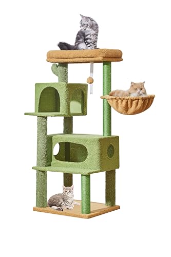 Taoqimiao Kratzbaum MS029LT: Kaktus, 122 cm großer Katzenturm für Indoor-Katzen, 2 luxuriöse Katzenhütten mit verstellbarem Hängekorb und großer Sitzstange, rauchgrau von Taoqimiao