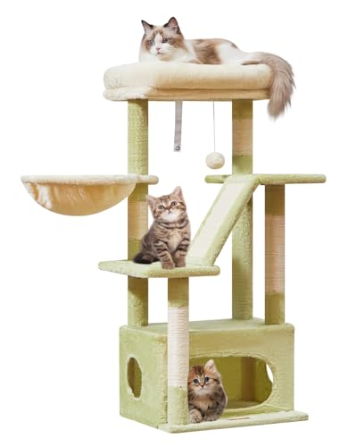 Taoqimiao Kratzbaum MS029SGB Katzenbaum für Indoor-Katzen, geeignet für Kätzchen mit luxuriöser Katzenhütte mit verstellbaren Körben und luxuriöser Sitzstange MS029SGB, Grün und Beige von Taoqimiao