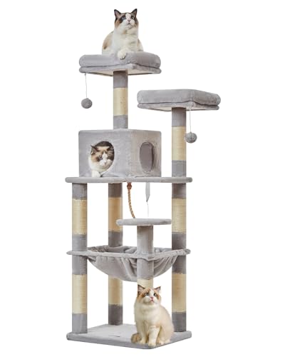 Taoqimiao Kratzbaum für Katzen, Plüsch-Katzenbaum für Katzen, 140 cm, mehrstufige Katzenhütte mit 9 Kratzstämmen, 2 Sitzstangen, Höhle, Hängematte, 2 Pompons, für Indoor-Katzen MS023SW Hellgrau von Taoqimiao