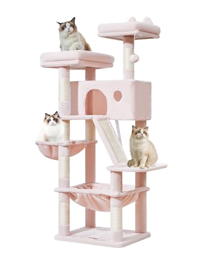 Taoqimiao Kratzbaum für große Katzen, Plüsch-Katzenbaum mit mehreren Ebenen, mit 8 Kratzstämmen, 2 Sitzstangen, Höhle, Hängematte, 2 Pompons, Kratzbrett für Indoor-Katzen -MS026P Jelly Pink von Taoqimiao