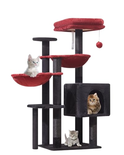 Taoqimiao MS019BR Kratzbaum, Katzenturm für Indoor-Katzen, geeignet für Kätzchen, Plüsch-Katzenhaus mit 5 Kratzstämmen, Plüsch-Sitzstange, 2 Hängematte, Pompons, MS019BR Schwarz und Rot von Taoqimiao