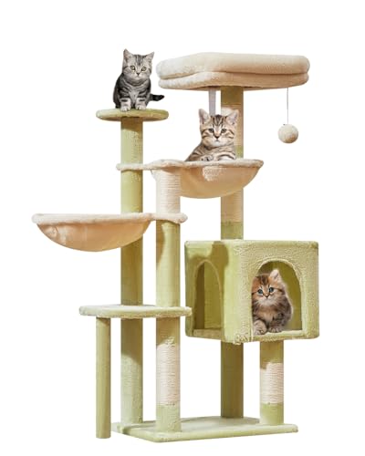 Taoqimiao MS019GB Kratzbaum, Katzenturm für Indoor-Katzen, geeignet für Kätzchen, Plüsch-Katzenhaus mit 5 Kratzstämmen, Plüsch-Sitzstange, 2 Hängematte, Pompons, MS019GB, Grün und Beige von Taoqimiao