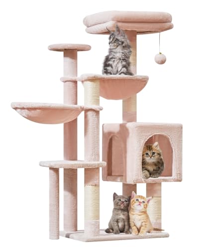 Taoqimiao MS019P Kratzbaum, Katzenturm für Indoor-Katzen, geeignet für Kätzchen, Plüsch-Katzenhaus mit 5 Kratzstämmen, Plüsch-Sitzstange, 2 Hängematte, Pompons, MS019P Jelly Pink von Taoqimiao