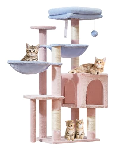 Taoqimiao MS019PB Kratzbaum, Katzenturm für Indoor-Katzen, geeignet für Kätzchen, Plüsch-Katzenhütte mit 5 Kratzstämmen, Plüsch-Sitzstange, 2 Hängematte, Pompons, MS019PB Rosa und Blau von Taoqimiao