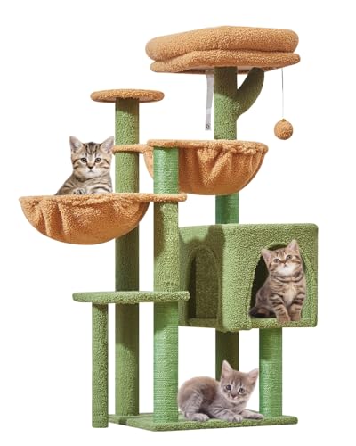 Taoqimiao MS019T Kratzbaum, Katzenturm für Indoor-Katzen, geeignet für Kätzchen, Plüsch-Katzenhaus mit 5 Kratzstämmen, Plüsch-Sitzstange, 2 Hängematte, Pompons, MS019T Kaktus von Taoqimiao