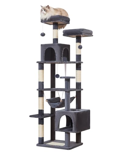 Taoqimiao MS020SG Kratzbaum, Katzenbaum für Indoor-Katzen, Plüsch-Katzenhaus mit 6 Kratzstämmen, 2 Sitzstangen, 2 Höhlen, Hängematte, 3 Pompons, MS020SG Rauchgrau von Taoqimiao