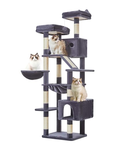 Taoqimiao MS026LG Großer Kratzbaum für große Katzen, Plüsch-Katzenhütte mit 8 Kratzstämmen, 2 Sitzstangen, Höhle, Hängematte, 2 Pompons, Kratzbrett für Indoor-Katzen, 180 cm, Rauchgrau von Taoqimiao