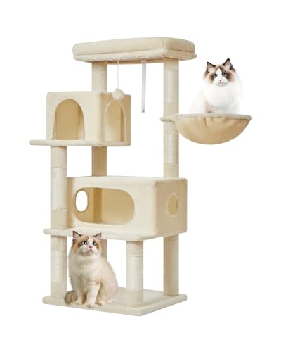 Taoqimiao MS029LM Kratzbaum, Katzenturm für Hauskatzen, 2 luxuriöse Katzenhütte mit verstellbaren großen Hängekörben und großer luxuriöser Sitzstange, Beige von Taoqimiao