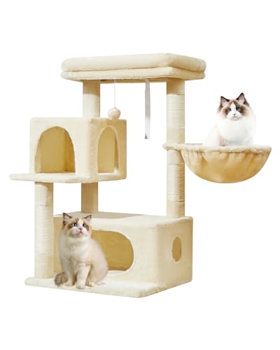 Taoqimiao Kratzbaum, 96,5 cm, Katzenturm für Hauskatzen, 2 luxuriöse Katzenhütte mit verstellbaren großen Hängekörben und großer luxuriöser Sitzstange, Beige MS029M von Taoqimiao