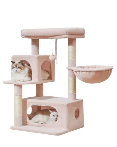 Taoqimiao MS029P Kratzbaum, 95 cm, Katzenturm für Indoor-Katzen, 2 luxuriöse Katzenhütte mit verstellbaren großen Hängekörben und großer luxuriöser Sitzstange, Jelly Pink von Taoqimiao