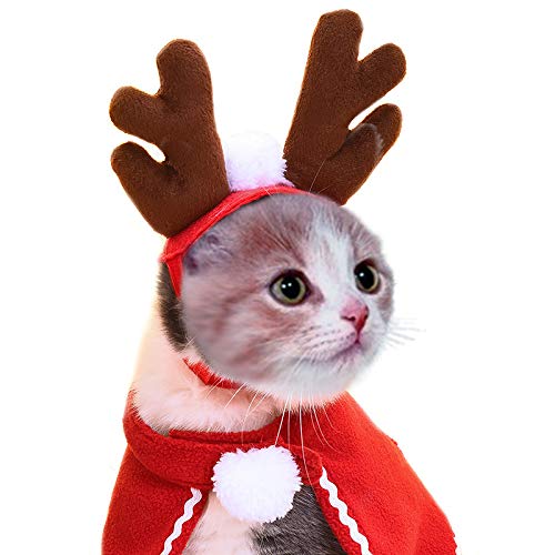 Katze Weihnachtskostüm Outfit 1 Set (2 pcs), Taozoey Weihnachten Haustier Umhang+Rentier Stirnbänder, Weihnachtskostüm Hund Katze, Weihnachten Haustier Anzug, für Katzen Kleine Hunde(M) von Taozoey