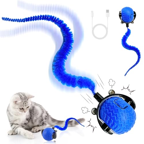 Taozoey Katzenspielzeug Elektrisch, Interaktives Katzenball Spielzeug, Katzenspielzeug Ball mit USB Aufladbar, Interaktiver Spielball mit Schwanz für Katzen, Intelligentes Katzen Spielzeug (Blau) von Taozoey