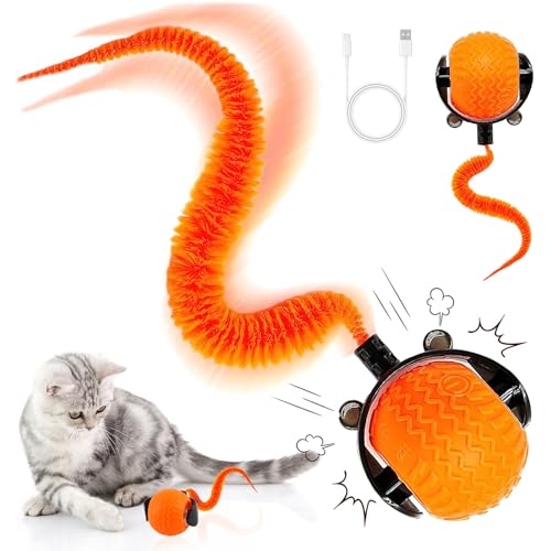 Taozoey Katzenspielzeug Elektrisch, Interaktives Katzenball Spielzeug, Katzenspielzeug Ball mit USB Aufladbar, Interaktiver Spielball mit Schwanz für Katzen, Intelligentes Katzen Spielzeug (Orange) von Taozoey