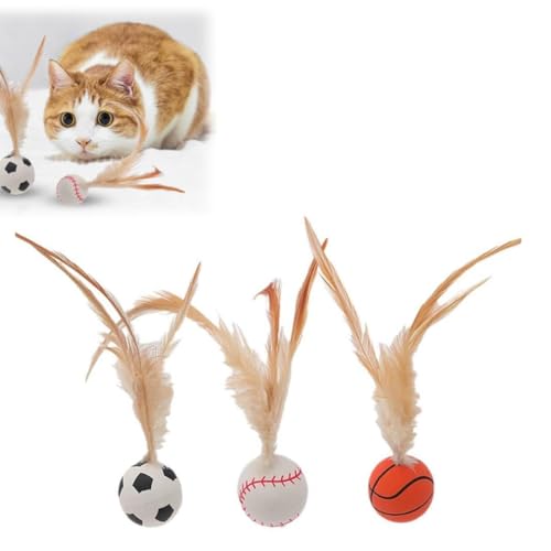 Tarange Katzenspielzeug Hüpfball Mit Federn, 3stück Interaktives Katzenspielzeug Bouncing Ball, Gummi Katzenspielzeug Ball Mit Feder, Für Drinnen Und Draußen Federspielzeug Für Katzen Ball von Tarange