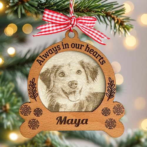 Tarngod Personalisierte Haustier-Gedenkornamente, personalisierbarer Name und lasergravierte Holzfoto-Andenken für Katzen und Hunde, Weihnachtsbaum-Anhänger (Hunde aus Holz) von Tarngod