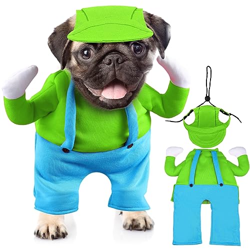 Tarpop 2 Stück Halloween Hosenträger Hund Kostüm Hund Hut Overalls Cosplay Hundekleidung Hund Baseballkappe für Sport Party, Größe S (Grün, Blau) von Tarpop