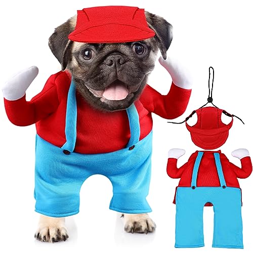 Tarpop 2 Stück Halloween Hosenträger Hund Kostüm Hund Hut Overalls Cosplay Hundekleidung Hund Baseballkappe für Sport Party, klein (rot, blau) von Tarpop