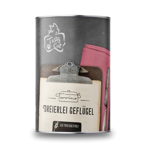 TastyCat Terrine Nassfutter für Katzen Dreierlei Geflügel 6 x 380g. | getreidefrei | in Soße | jodarm | zuckerfrei von Tasty Cat