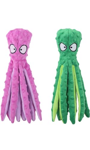 Tater's Choice Octopus Quietschspielzeug, 2 Stück, verschiedene Farben, weicher Plüsch-Oktopus mit knisterndem Klang für Hunde, Hundespielzeug, um sie zu beschäftigen (Grün + Rosa) von Tater's Choice