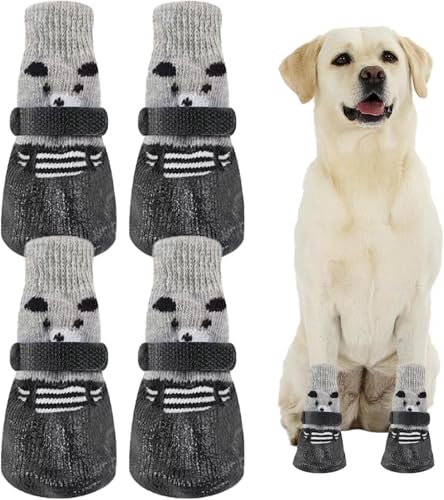 Tchsrim 4 Stück Hundesocken Anti Rutsch,Weiche Socken für Pfotenschutz Hund von Hunden mit Verstellbarem Klettverschluss für den Innen- und Außenbereich (L) von Tchsrim