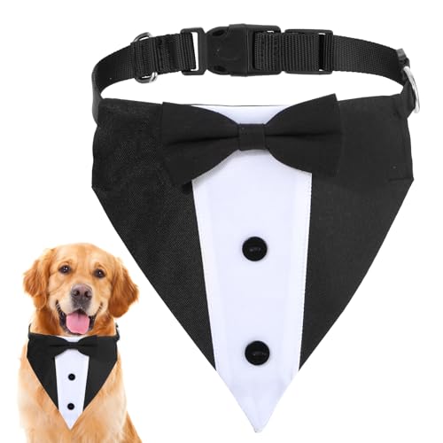 Hund Smoking Bandana Halsband, Verstellbarer Hunde Smoking Bandana, Hund Tuxedo Baumwolle Bandana Hundehalsband, Schwarzes Hundehalsband mit Fliege, Hundeanzug-Kostüm für kleine große Hunde (L) von Teaaha